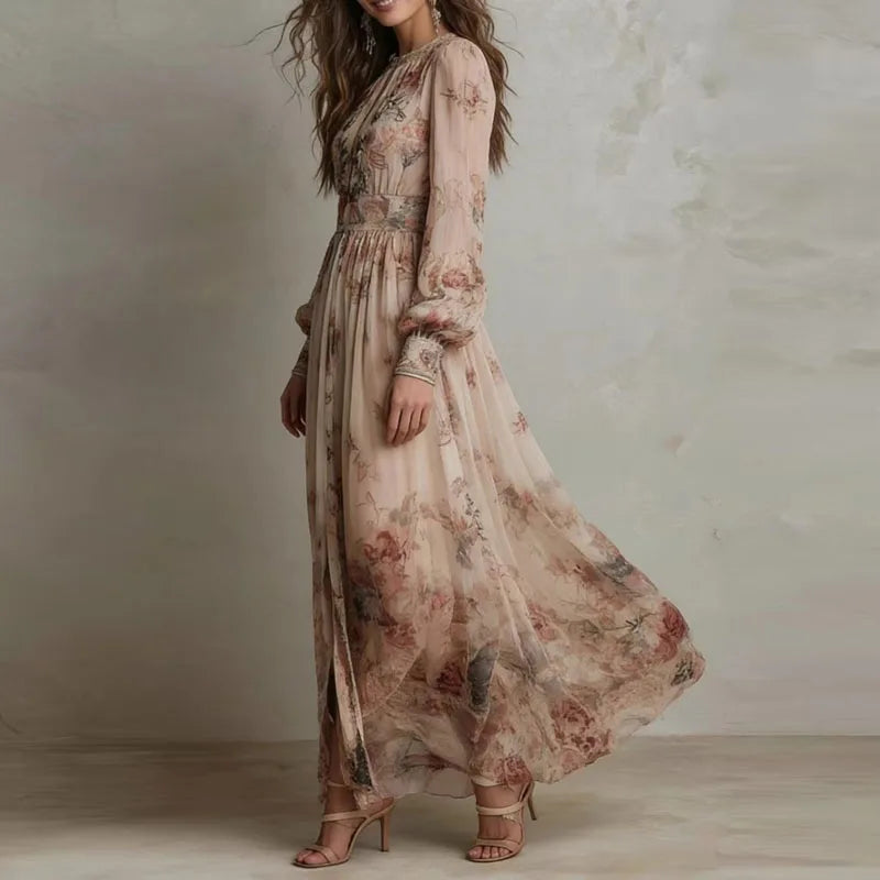Women's Floral Maxi Dress – V-Neck, Long Sleeve High-Waist side view