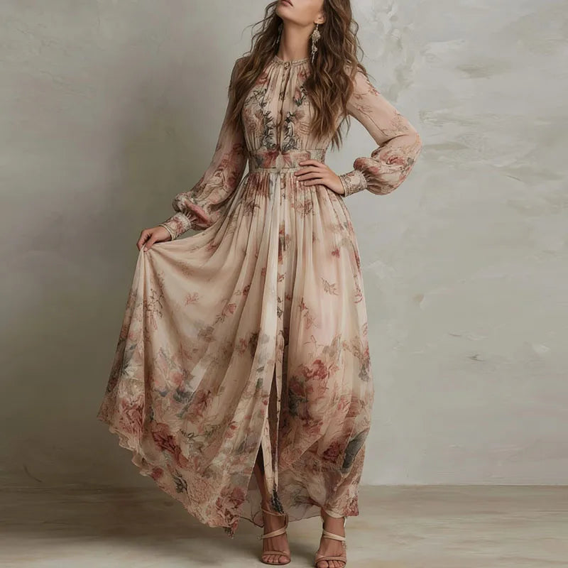 Women's Floral Maxi Dress – V-Neck, Long Sleeve High-Waist showing floral print detail