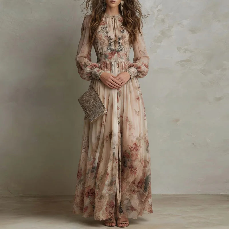 Women's Floral Maxi Dress – V-Neck, Long Sleeve High-Waist full-length view
