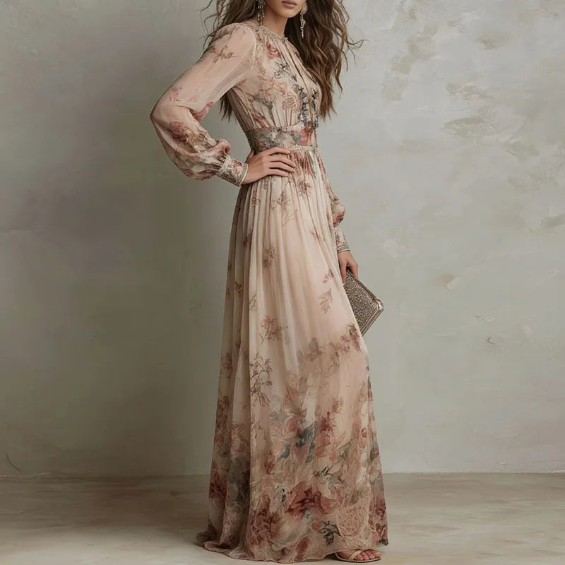 Women's Floral Maxi Dress – V-Neck, Long Sleeve High-Waist back view