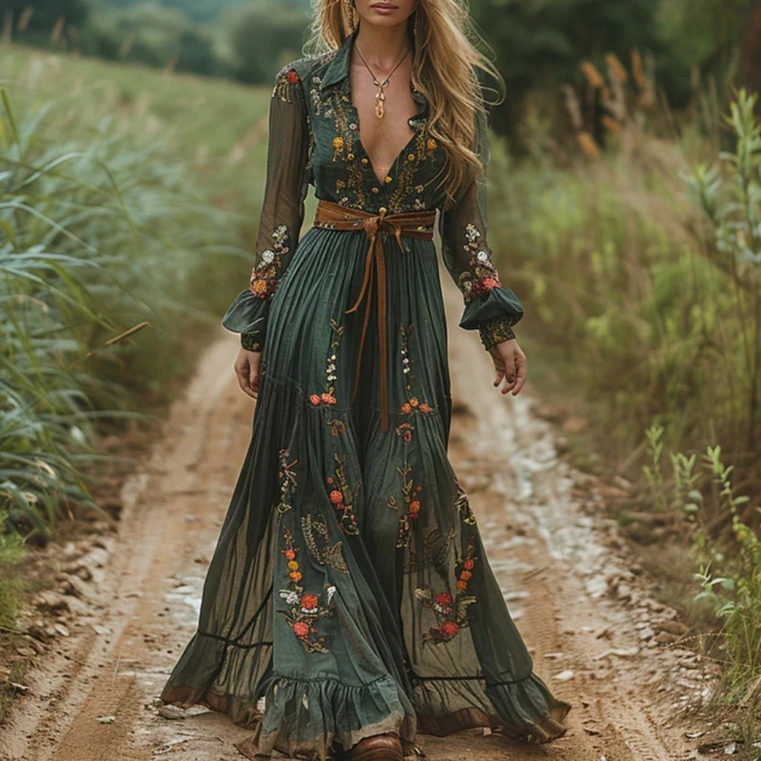 Robe longue en dentelle fleurie pour femme - décolleté en V profond, manches longues, ourlet à volants