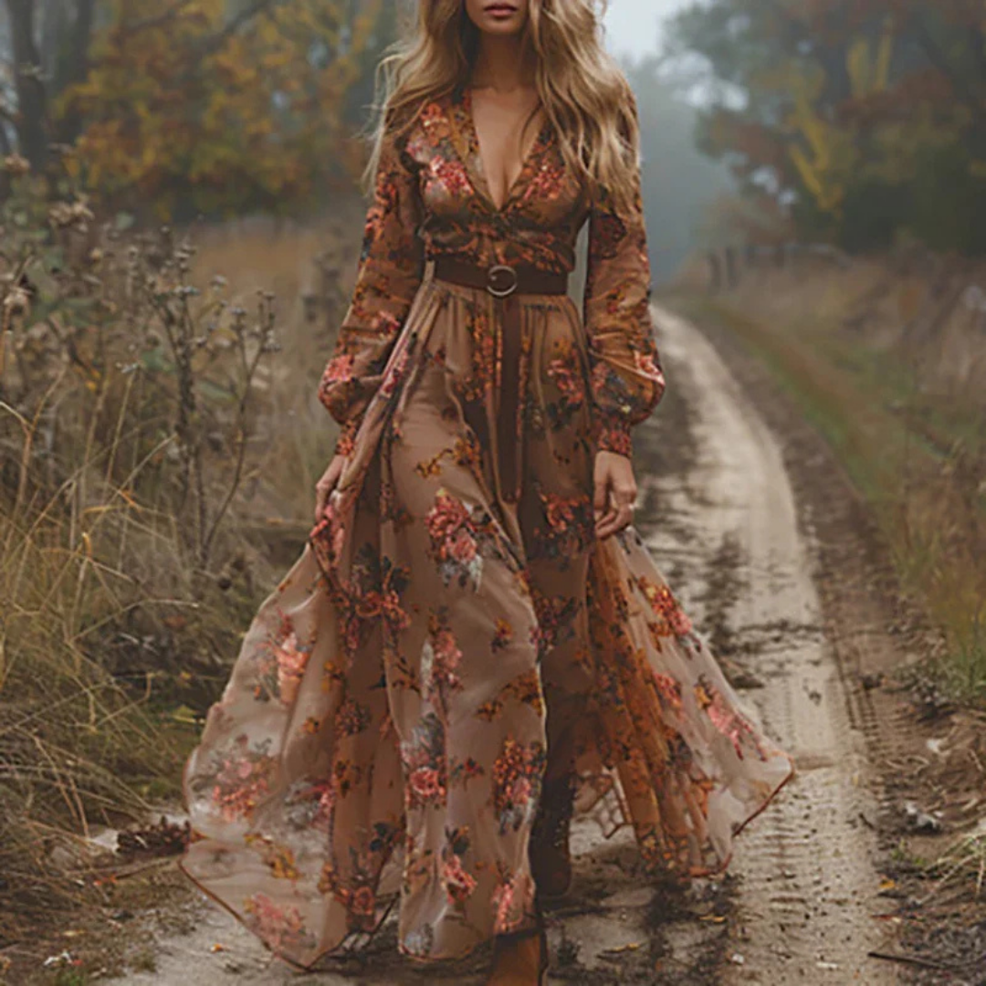 Robe longue en dentelle fleurie pour femme - décolleté en V profond, manches longues, ourlet à volants