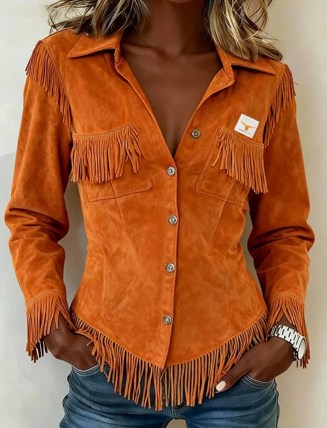 Women's Fringe Western Shirt Jacket – Point Collar, Chest Pockets front view
