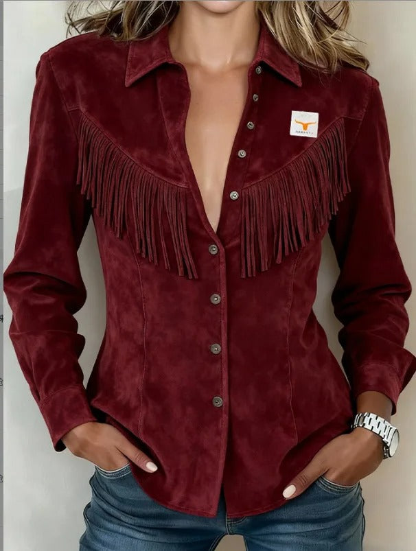 Women's Fringe Western Shirt Jacket – Point Collar, Chest Pockets back view