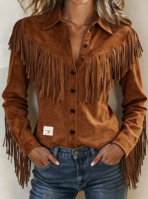 Women's Fringe Western Shirt Jacket – Point Collar, Chest Pockets shoulder fringe detail