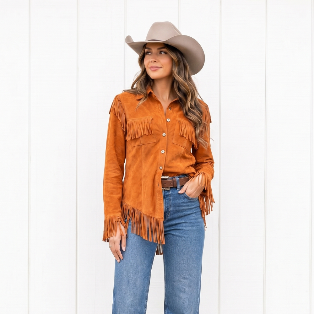 Women's Fringe Western Shirt Jacket – Point Collar, Chest Pockets cuff fringe close-up
