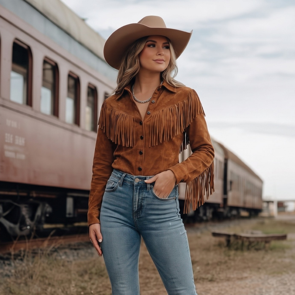 Women's Fringe Western Shirt Jacket – Point Collar, Chest Pockets side view