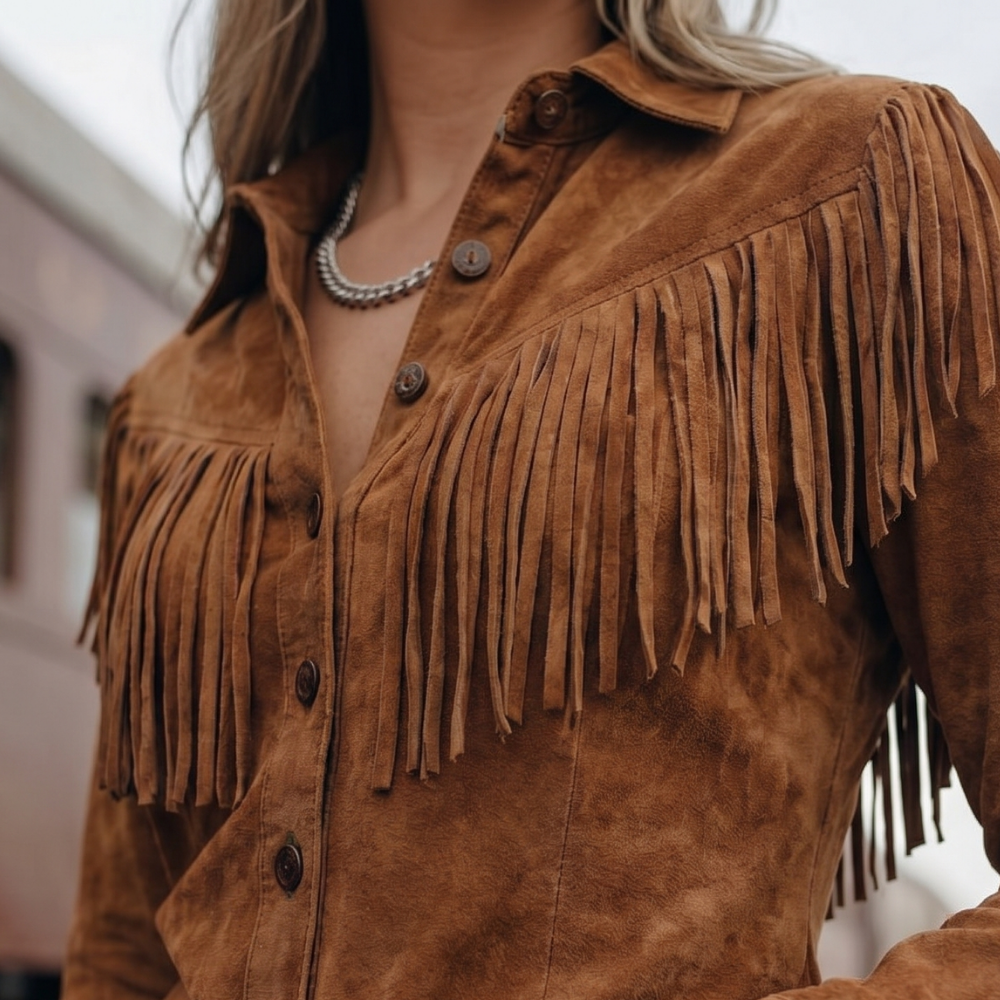 Women's Fringe Western Shirt Jacket – Point Collar, Chest Pockets hem fringe detail