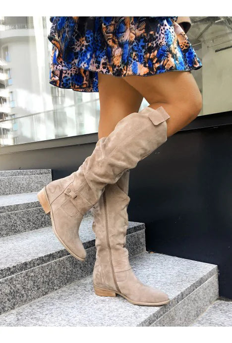 Women's High Knee Boots – Round Toe, Low Heel, Side Zip