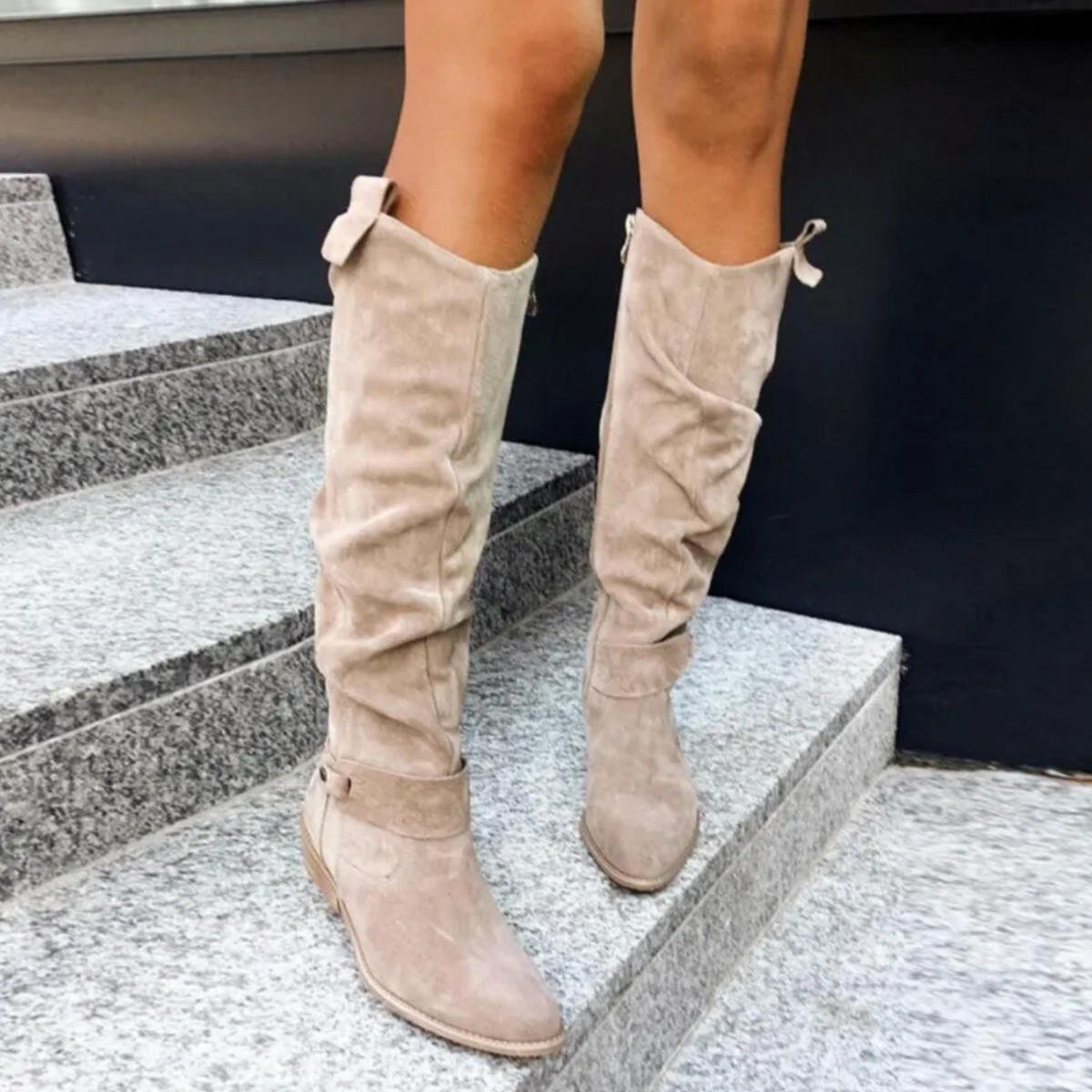Women's High Knee Boots – Round Toe, Low Heel, Side Zip