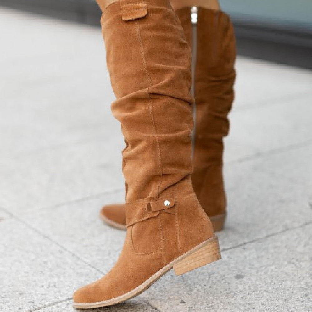 Women's High Knee Boots – Round Toe, Low Heel, Side Zip