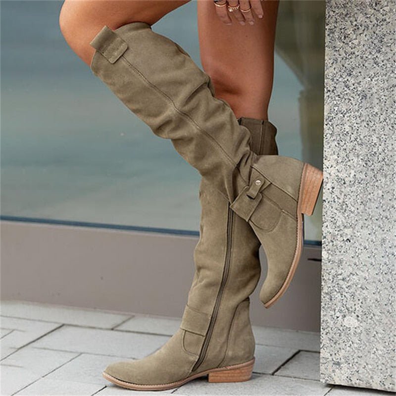 Women's High Knee Boots – Round Toe, Low Heel, Side Zip