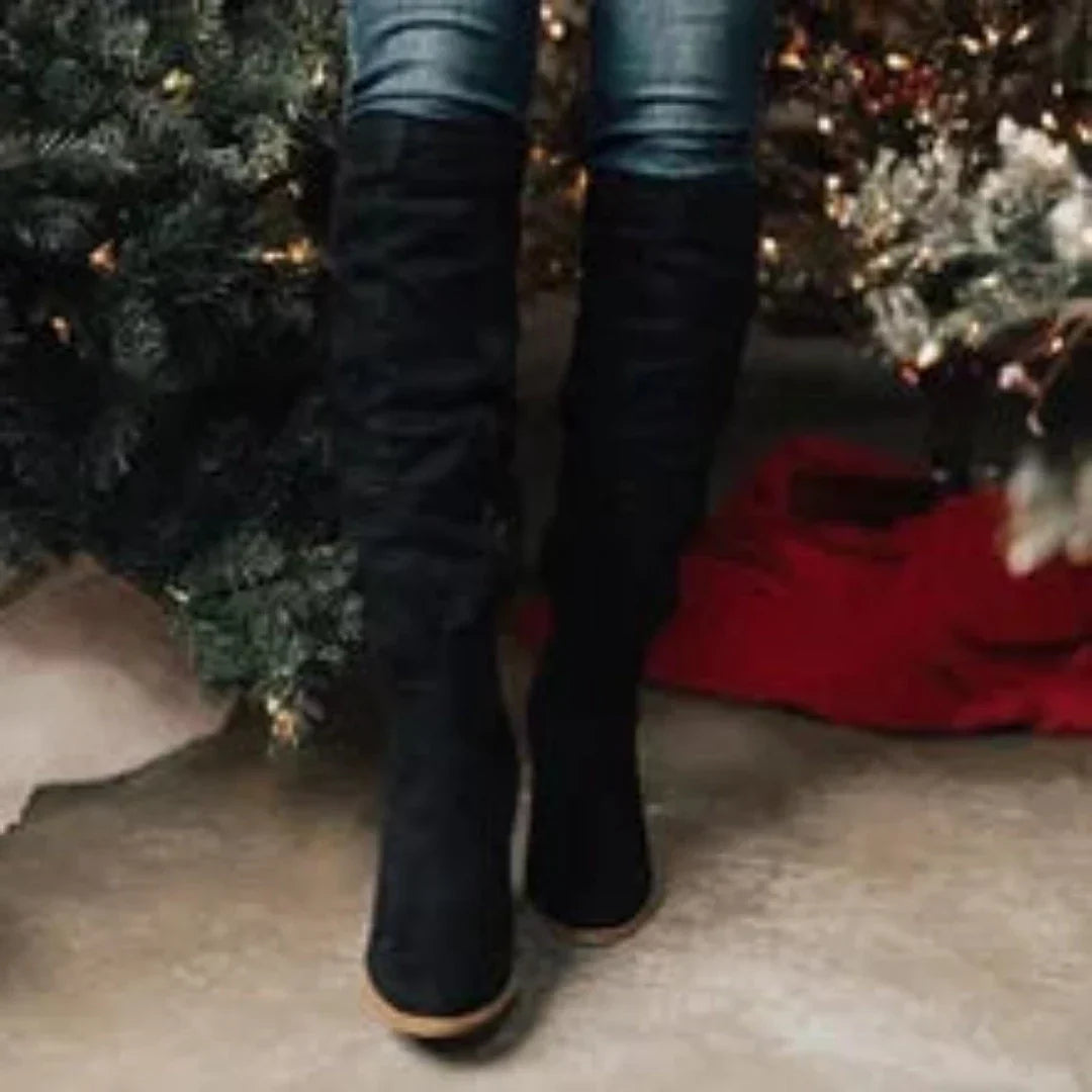 Women's High Knee Boots – Round Toe, Low Heel, Side Zip