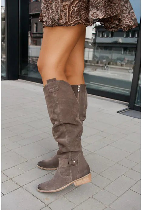 Women's High Knee Boots – Round Toe, Low Heel, Side Zip