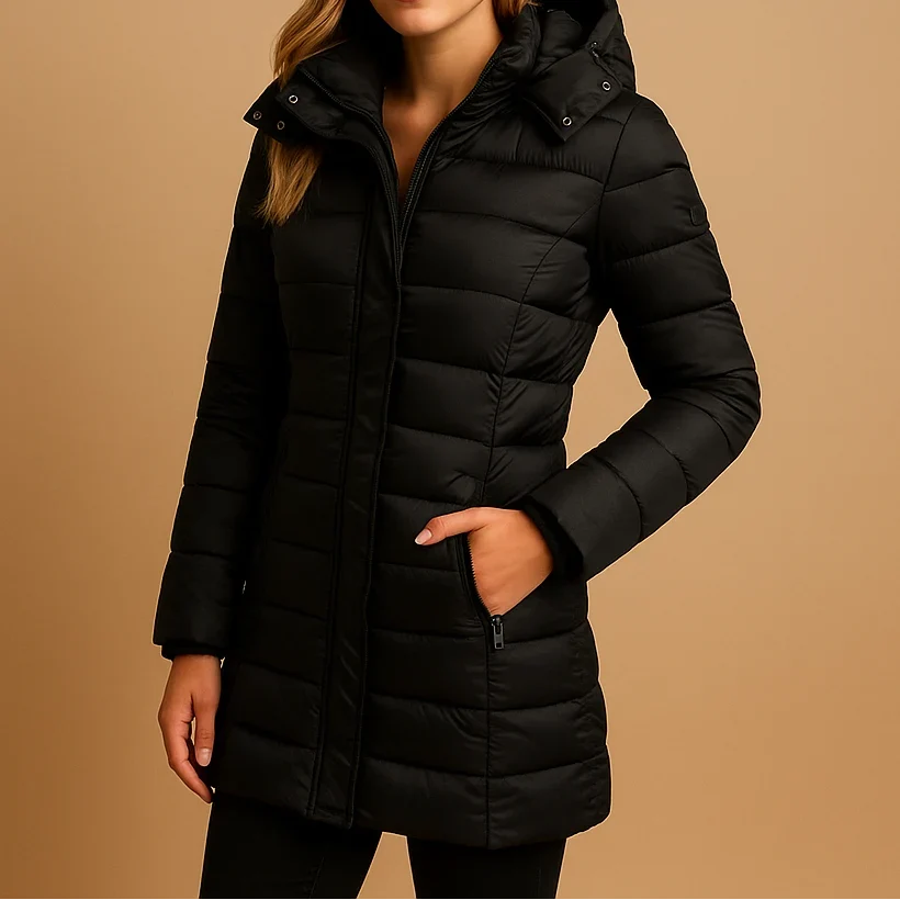 Women's Hooded Puffer Jacket – Horizontal Quilting, Zip Front