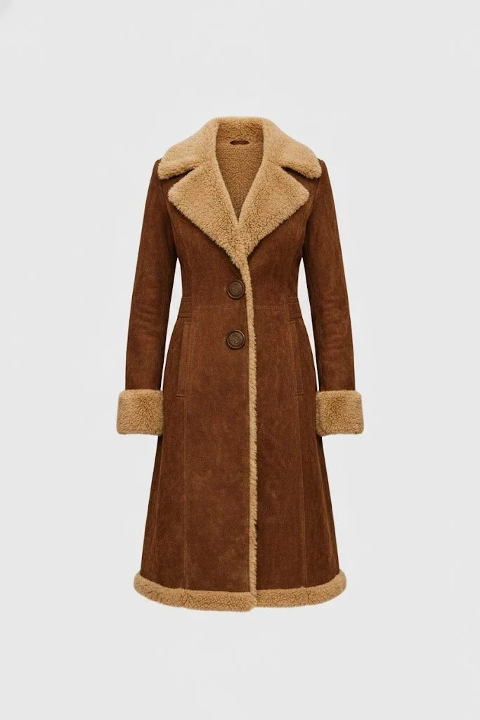 Women's Long Faux Fur Coat – Wide Lapel Collar, Double-Button Front front view