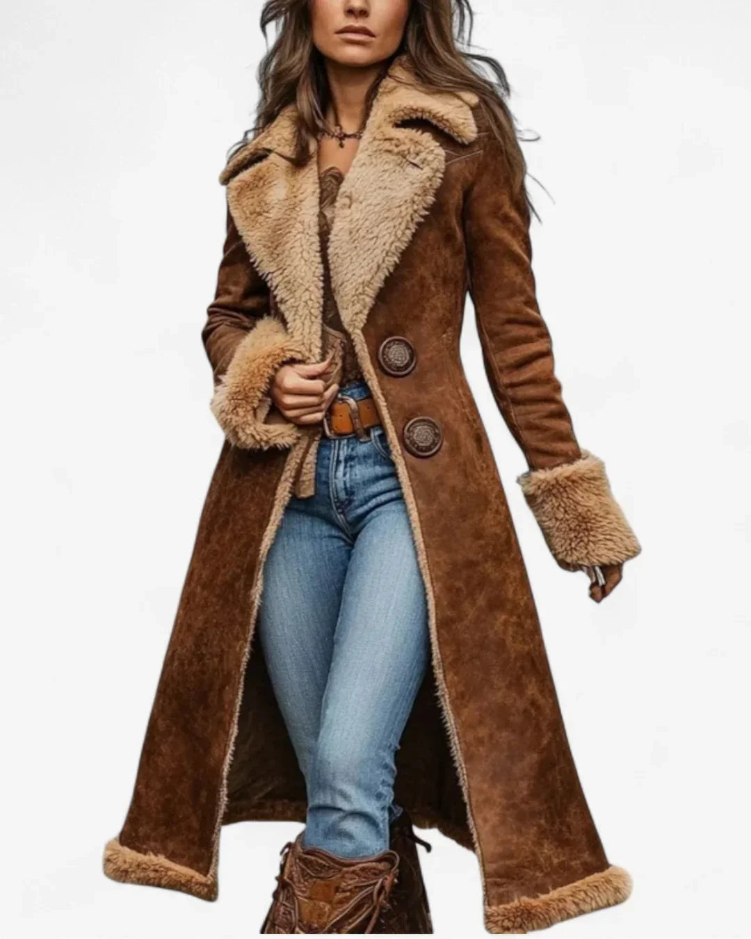 Women's Long Faux Fur Coat – Wide Lapel Collar, Double-Button Front side view
