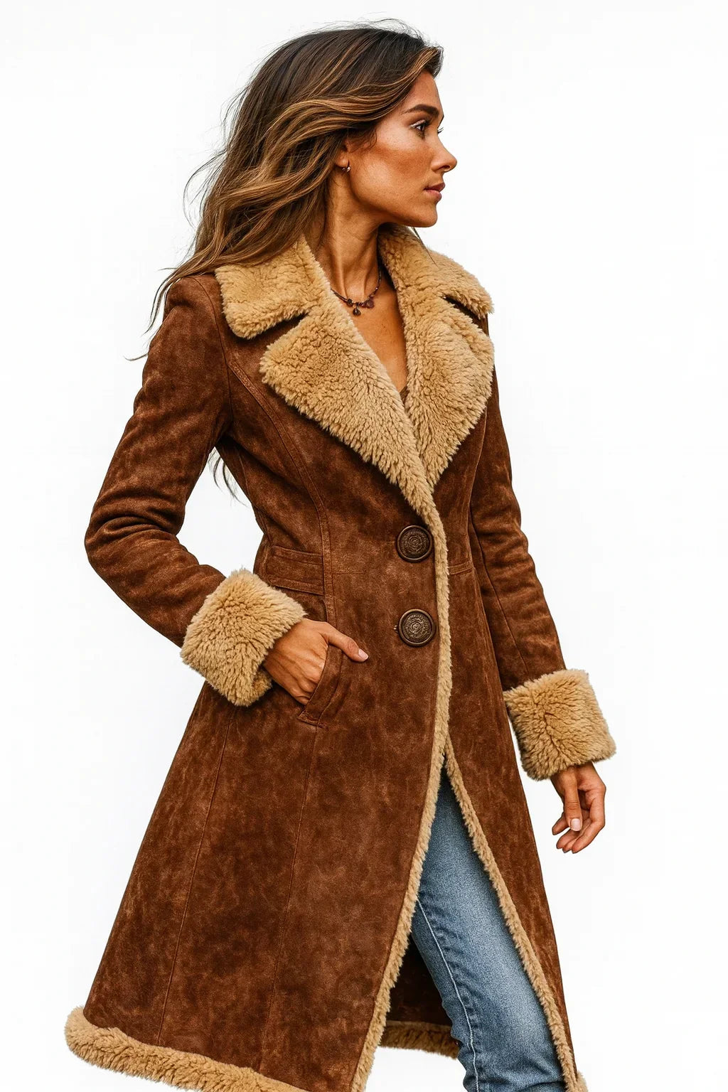 Women's Long Faux Fur Coat – Wide Lapel Collar, Double-Button Front back view