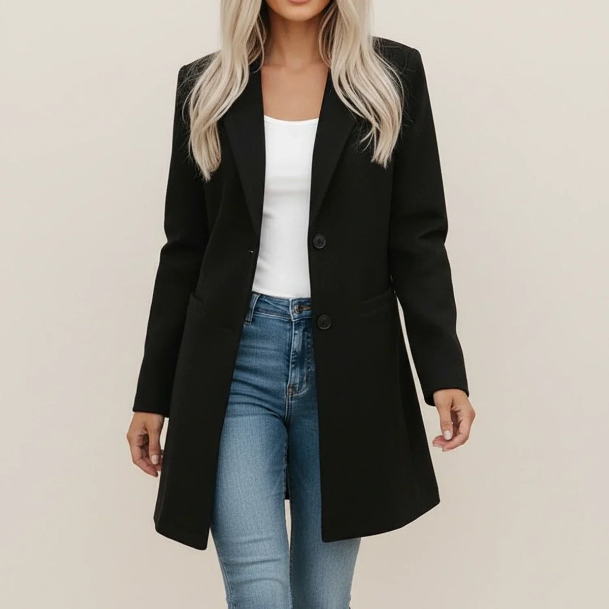 Women's Longline Single-Breasted Coat – Notch Lapel, Two-Button Trench Coat