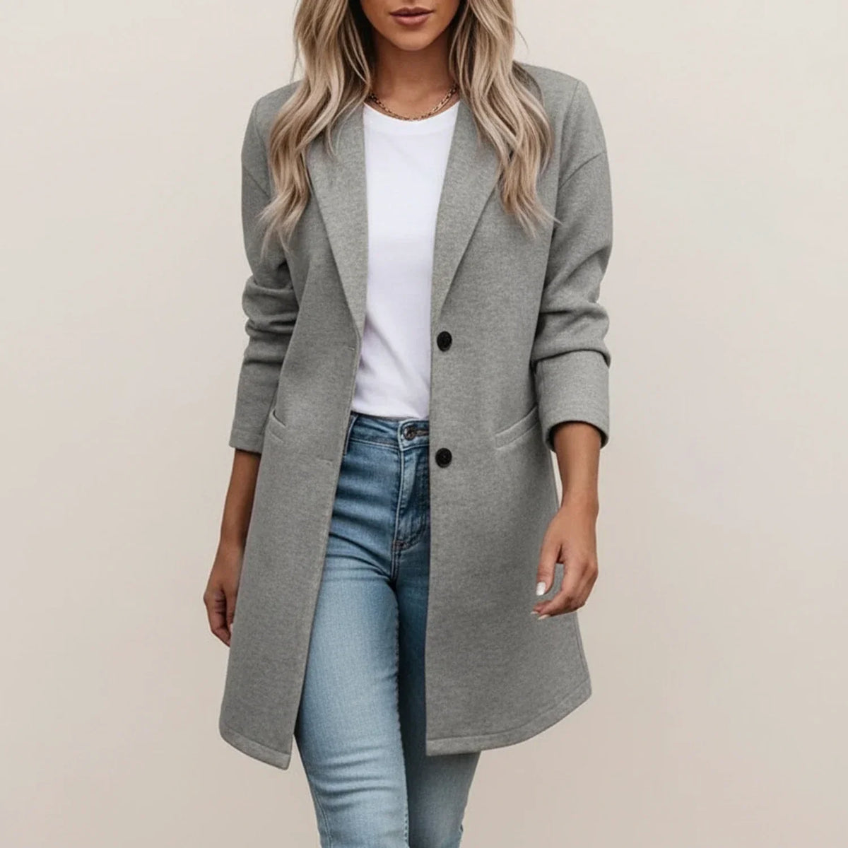 Women's Longline Single-Breasted Coat – Notch Lapel, Two-Button Trench Coat