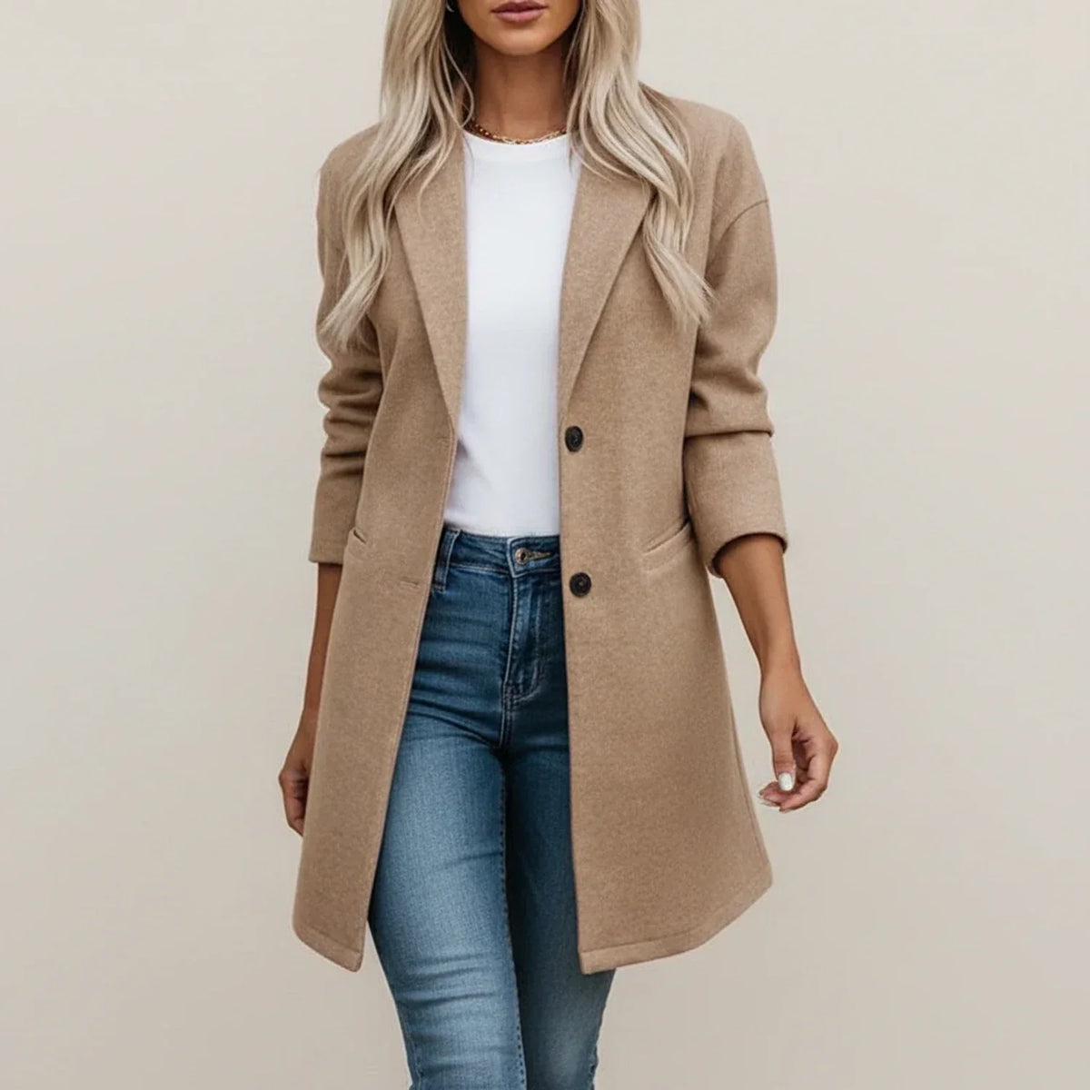 Women's Longline Single-Breasted Coat – Notch Lapel, Two-Button Trench Coat