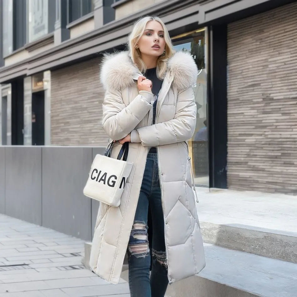 Women's Longline Winter Coat – Hooded, Full Zip Front front view