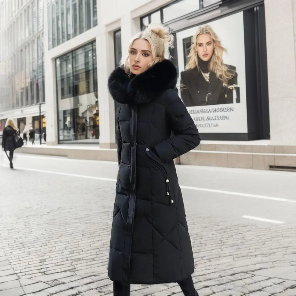 Women's Longline Winter Coat – Hooded, Full Zip Front full length