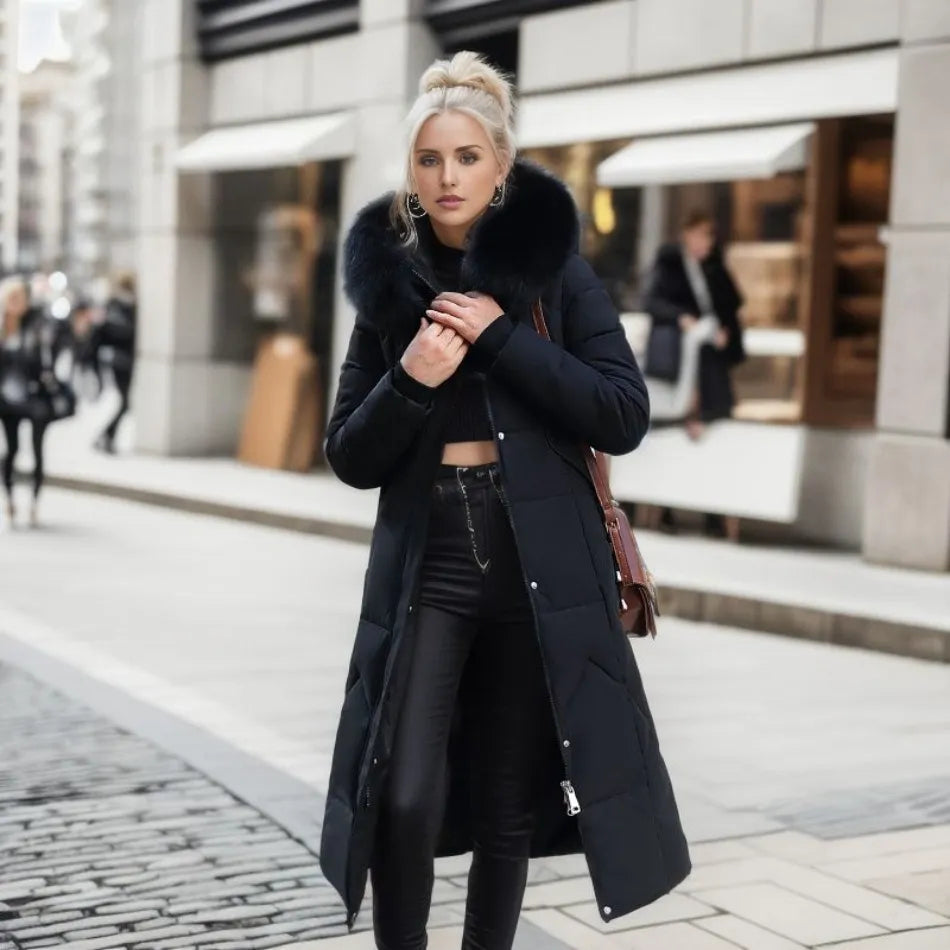 Women's Longline Winter Coat – Hooded, Full Zip Front styled look