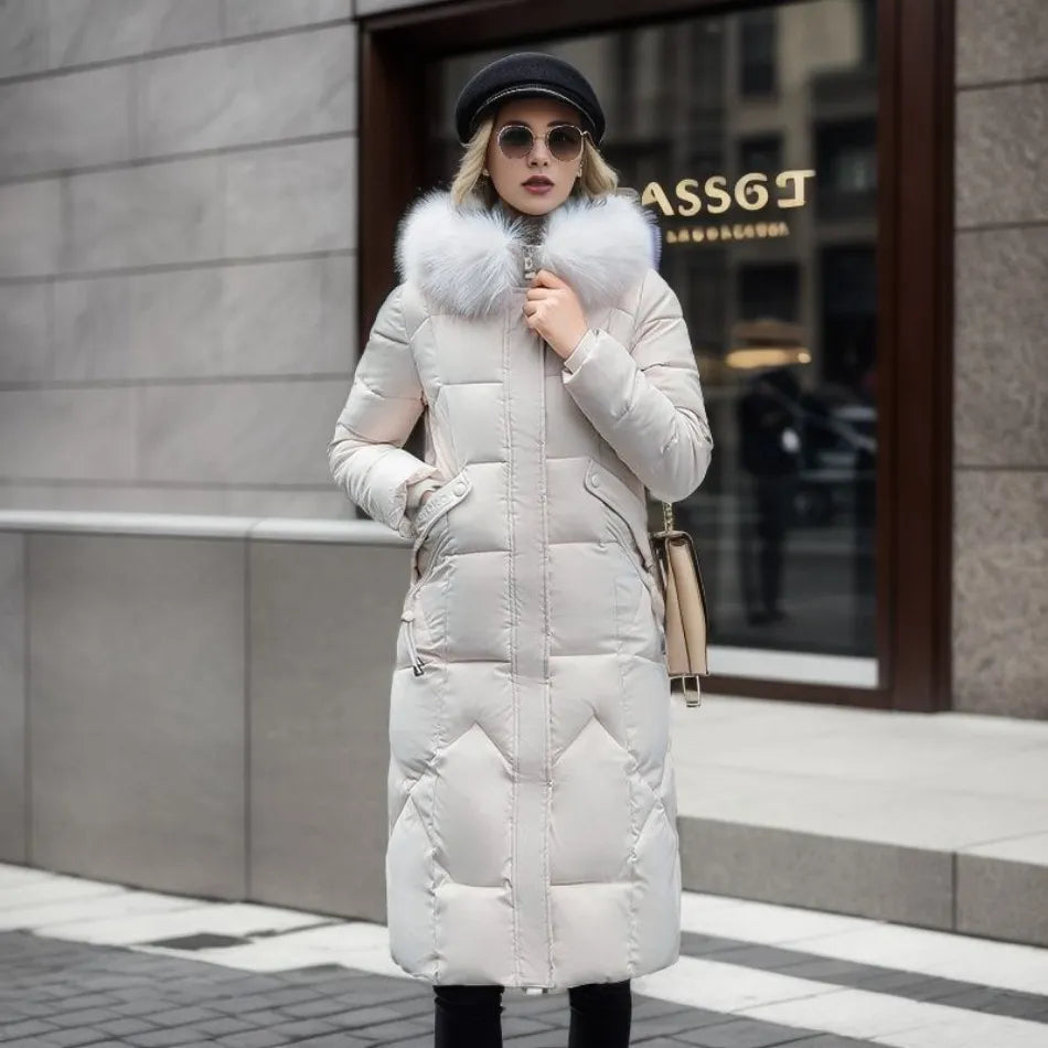 Women's Longline Winter Coat – Hooded, Full Zip Front quilted texture