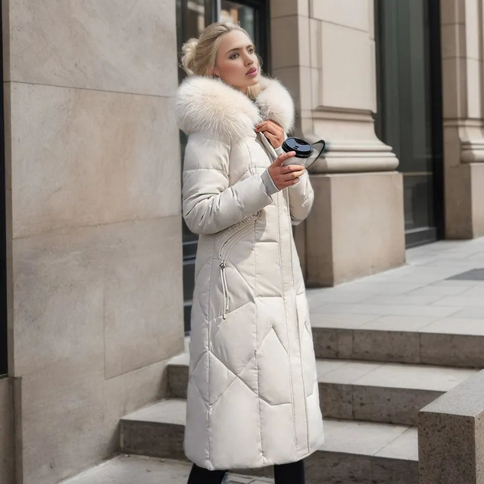 Women's Longline Winter Coat – Hooded, Full Zip Front collar detail