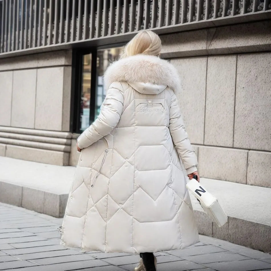 Women's Longline Winter Coat – Hooded, Full Zip Front worn open
