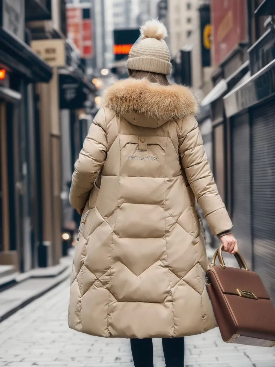 Women's Longline Winter Coat – Hooded, Full Zip Front shoulder detail