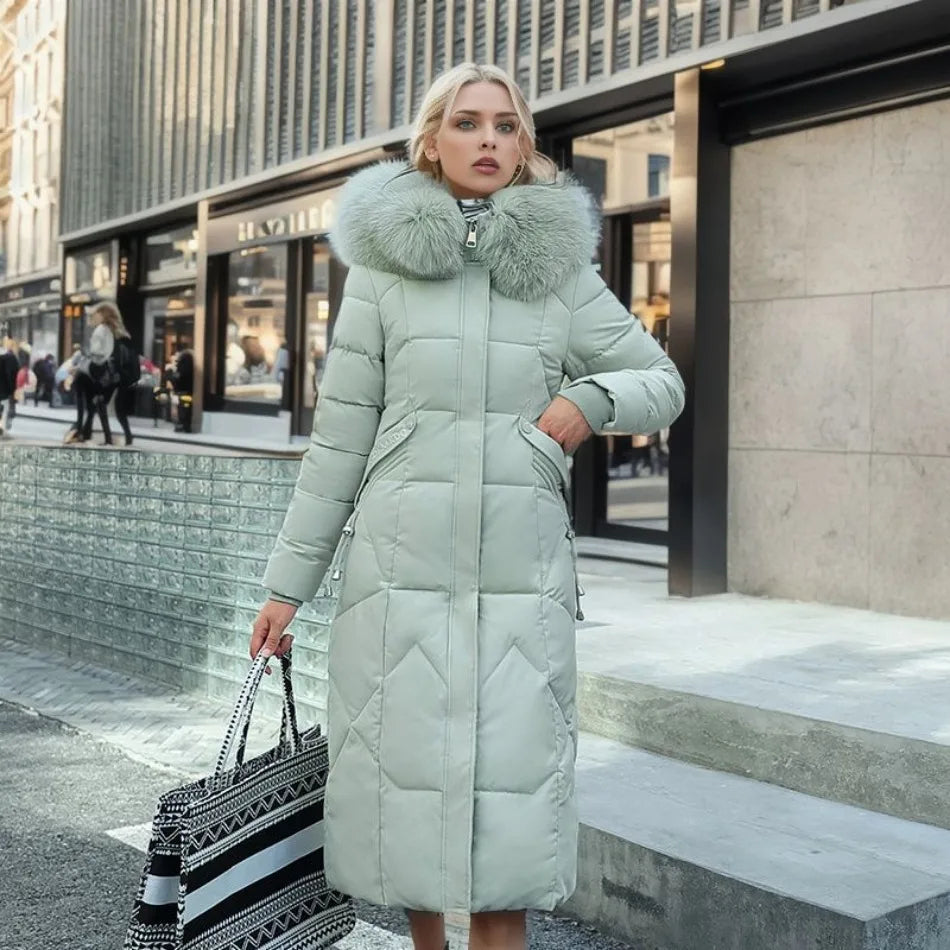 Women's Longline Winter Coat – Hooded, Full Zip Front lining view