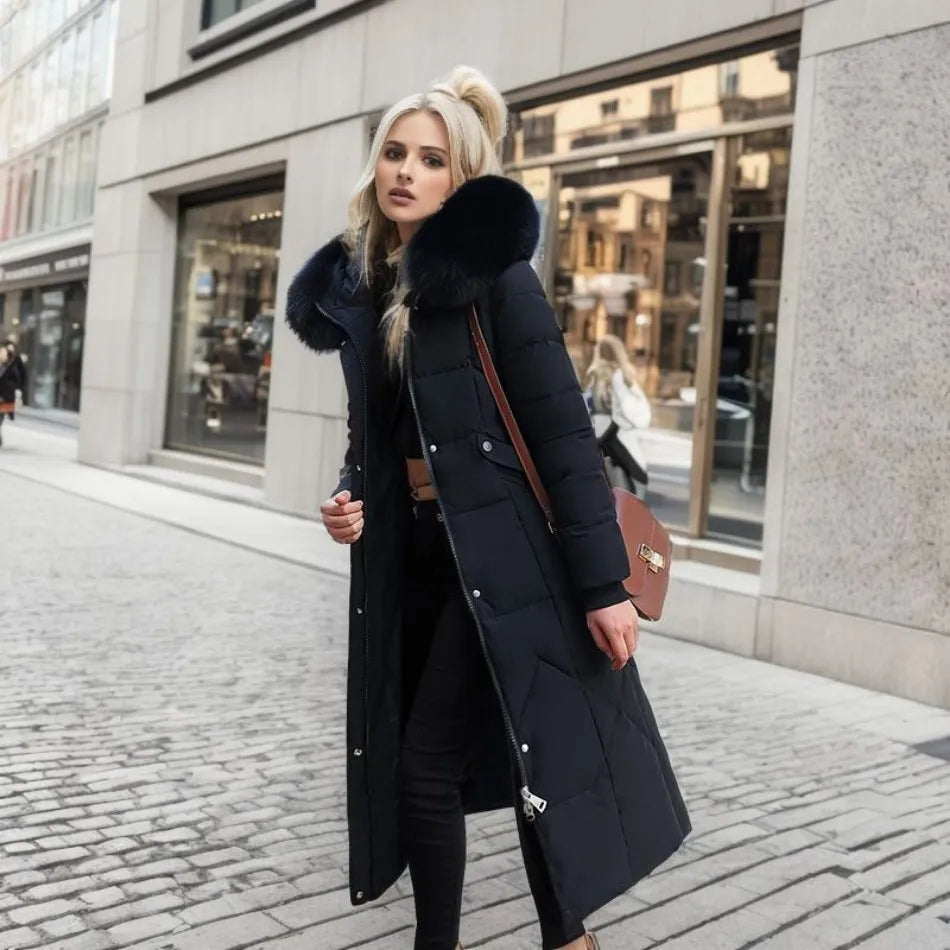 Women's Longline Winter Coat – Hooded, Full Zip Front side view