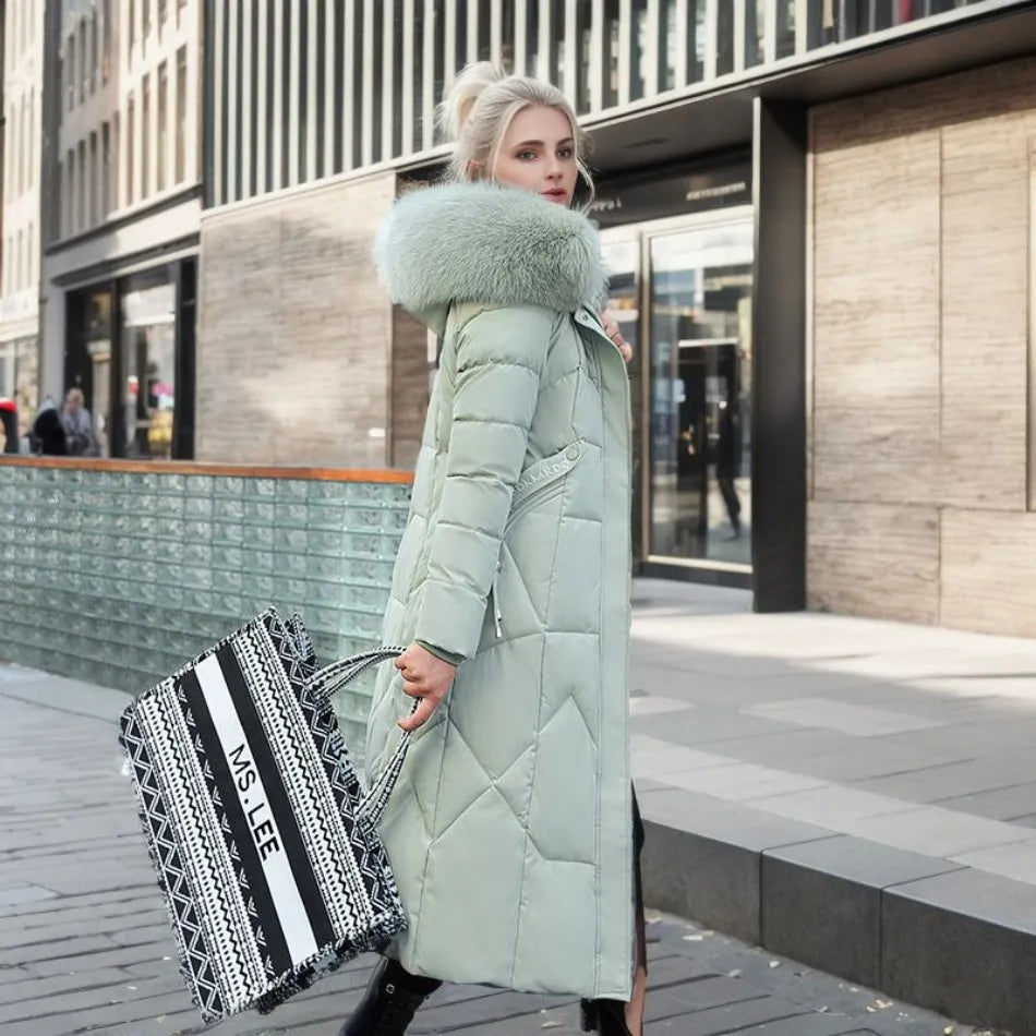 Women's Longline Winter Coat – Hooded, Full Zip Front back view