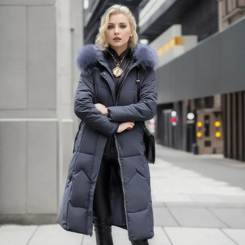 Women's Longline Winter Coat – Hooded, Full Zip Front hood detail