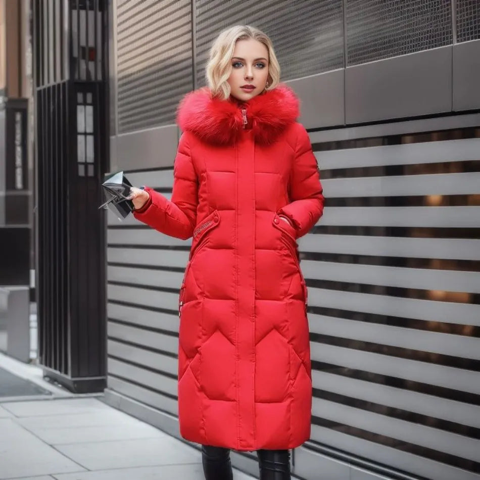 Women's Longline Winter Coat – Hooded, Full Zip Front pocket detail