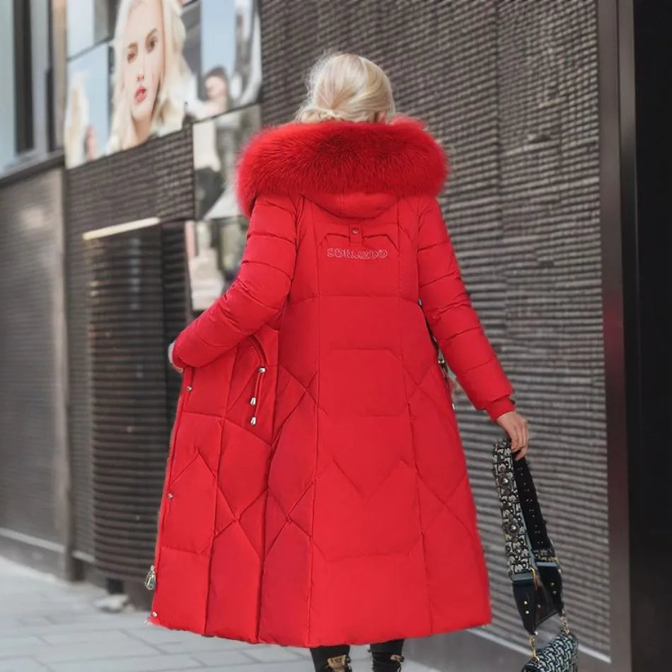 Women's Longline Winter Coat – Hooded, Full Zip Front funnel neckline