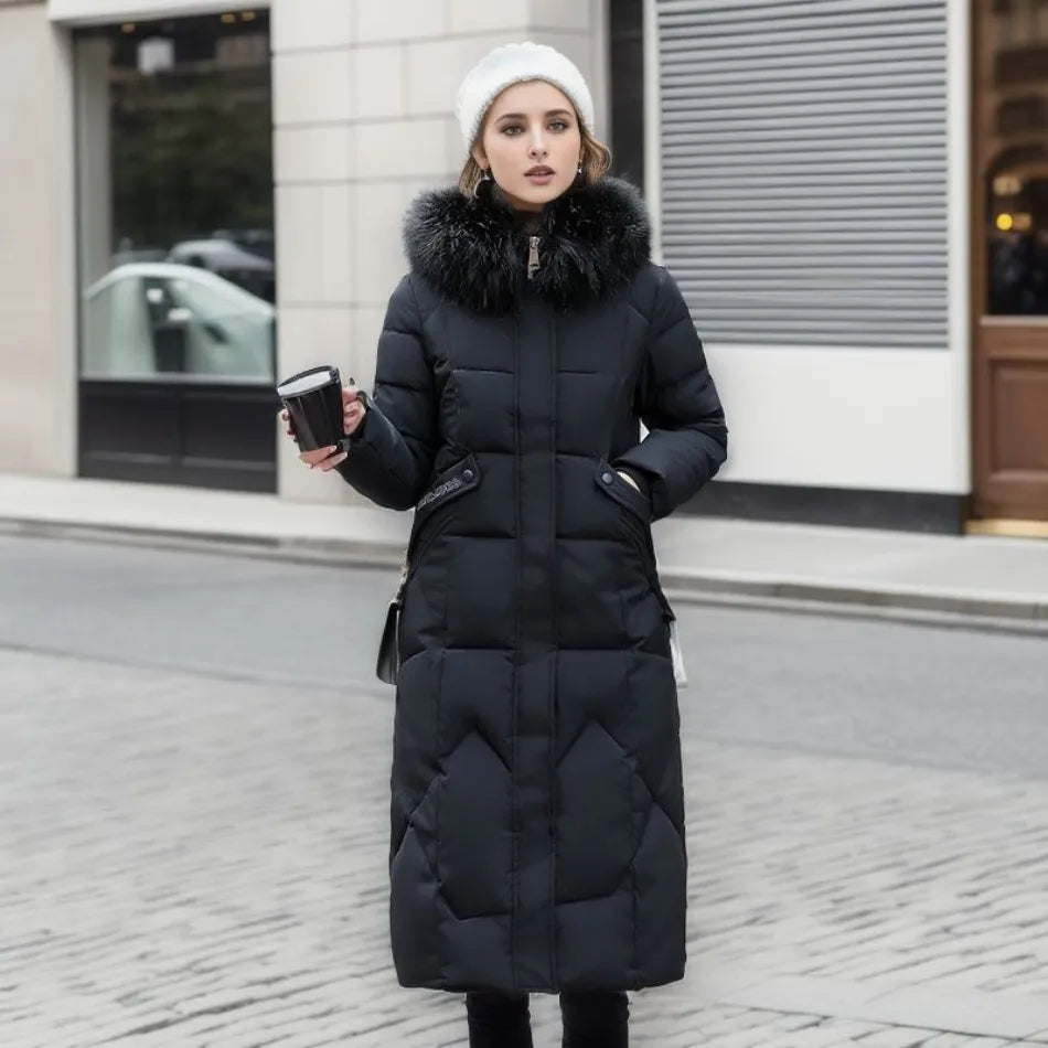 Women's Longline Winter Coat – Hooded, Full Zip Front hem detail