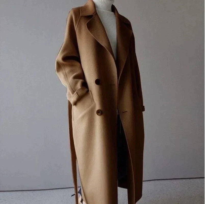 Women's Longline Wool Coat – Notch Lapel, Single-Breasted Front front view