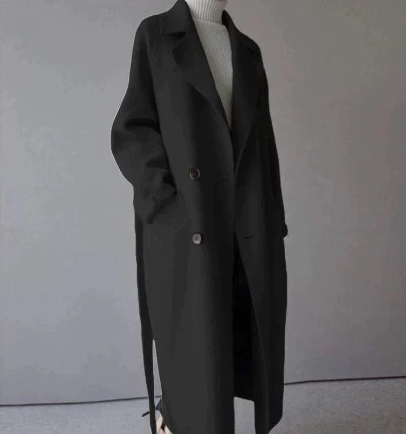 Women's Longline Wool Coat – Notch Lapel, Single-Breasted Front side view