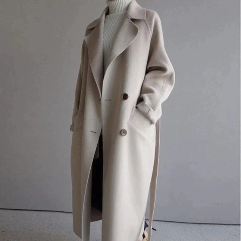 Women's Longline Wool Coat – Notch Lapel, Single-Breasted Front pocket detail