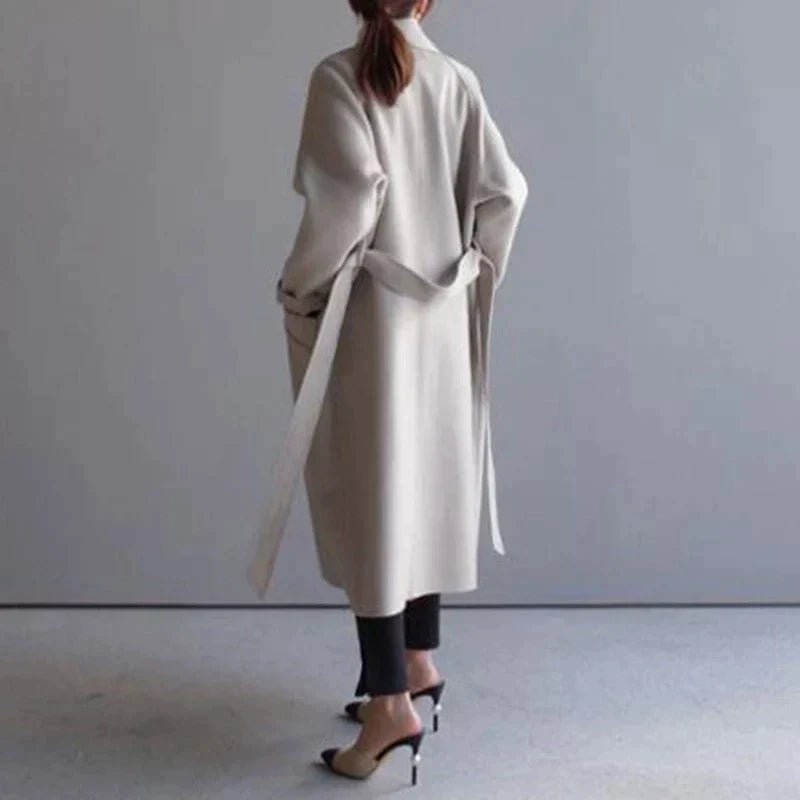Women's Longline Wool Coat – Notch Lapel, Single-Breasted Front styled view