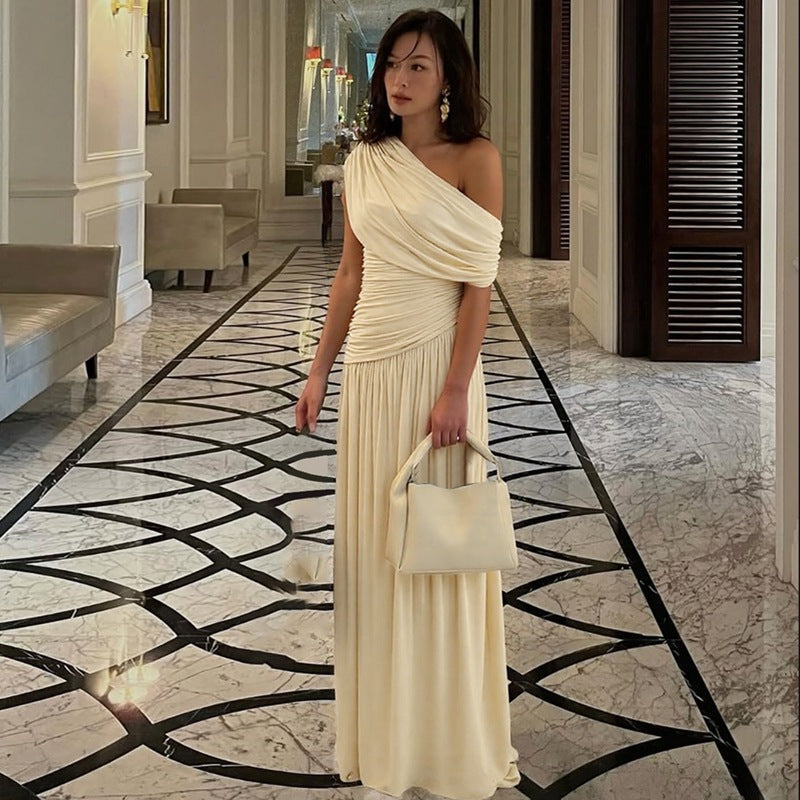 Women's Maternity Maxi Dress – Asymmetric Neckline, Gathered Waist