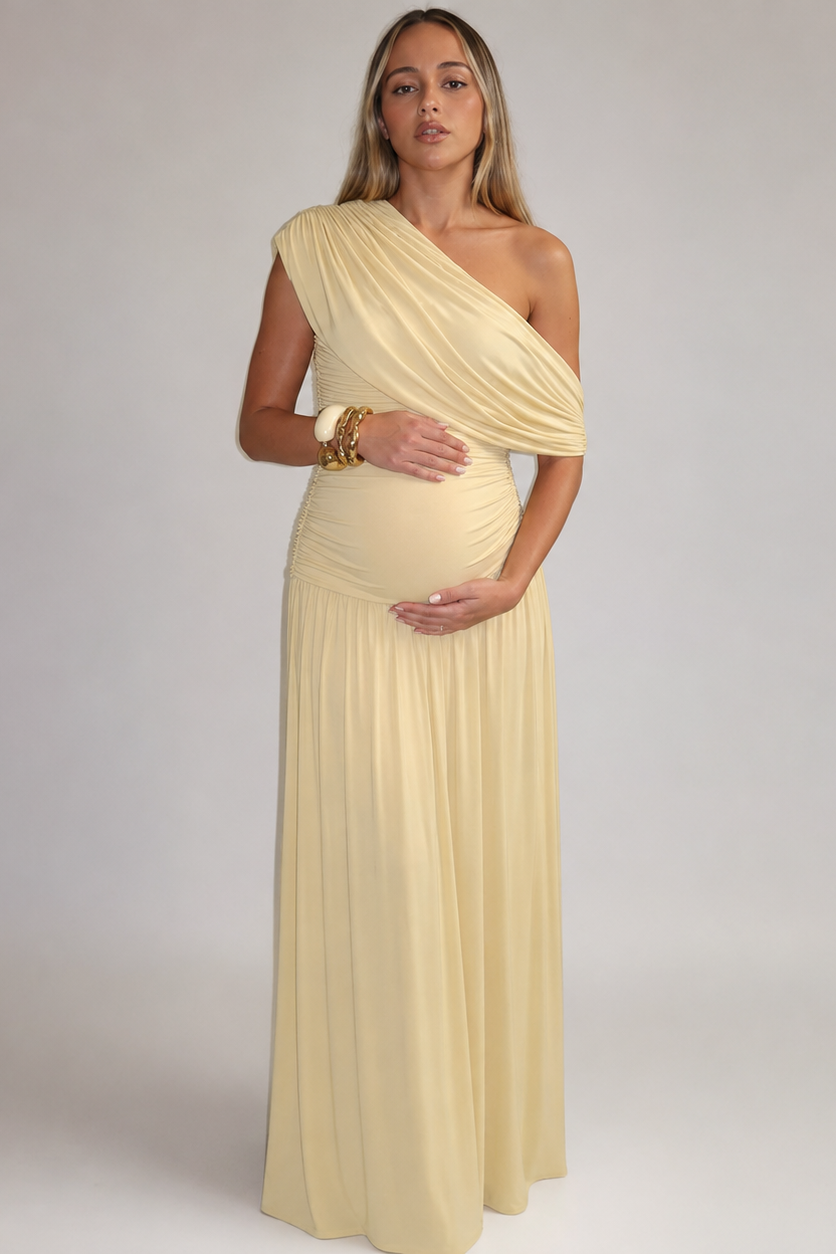 Women's Maternity Maxi Dress – Asymmetric Neckline, Gathered Waist