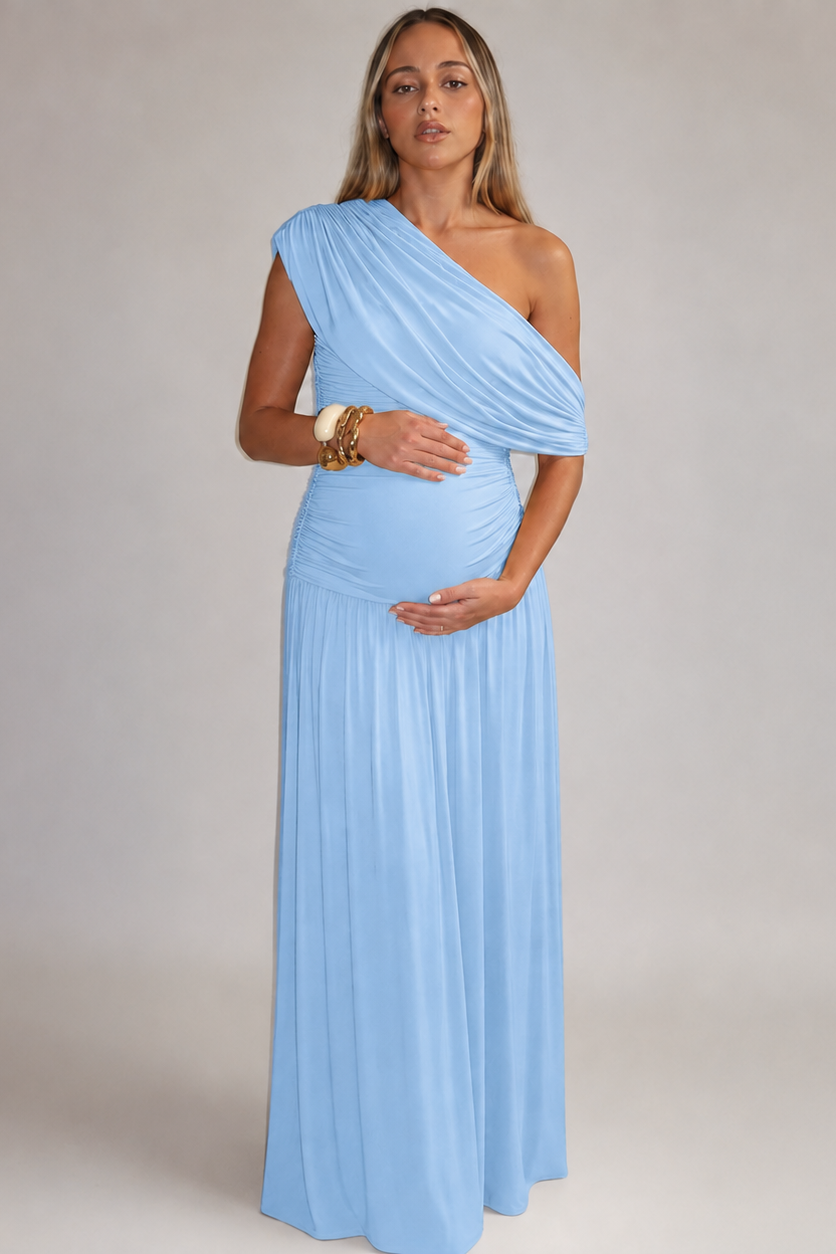 Women's Maternity Maxi Dress – Asymmetric Neckline, Gathered Waist