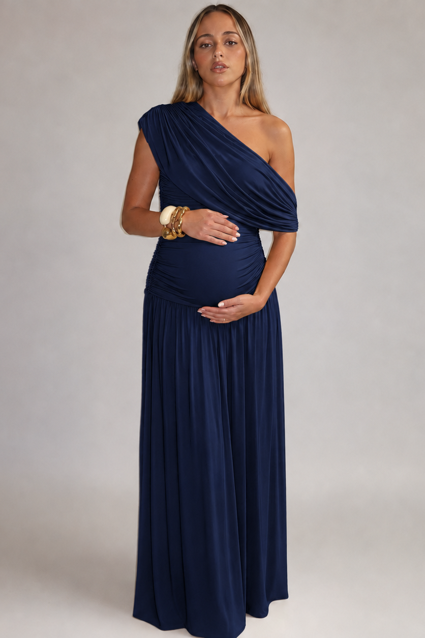 Women's Maternity Maxi Dress – Asymmetric Neckline, Gathered Waist