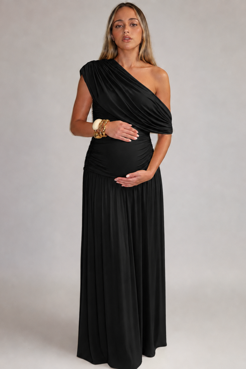 Women's Maternity Maxi Dress – Asymmetric Neckline, Gathered Waist