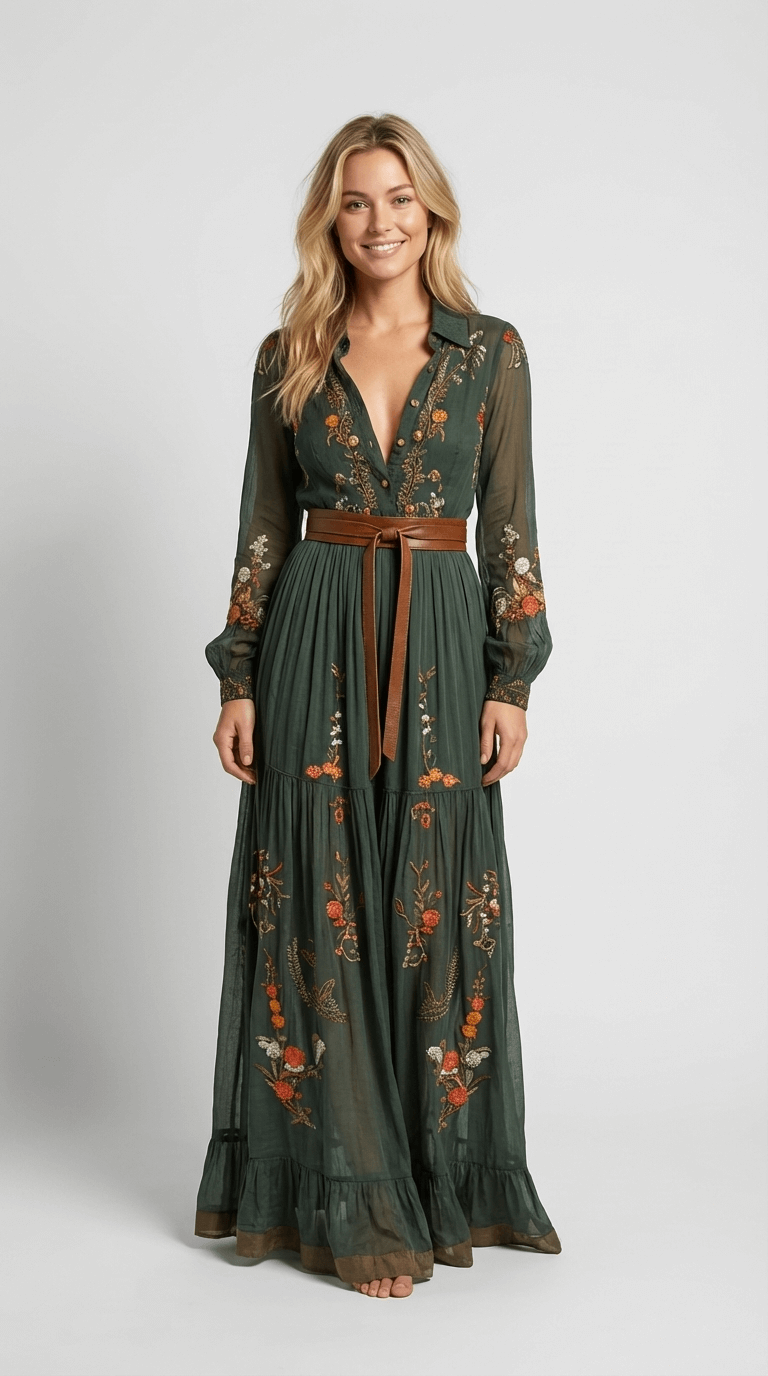 Women's Maxi Boho Dress – Floral Print, Tie-Belt Waist front view