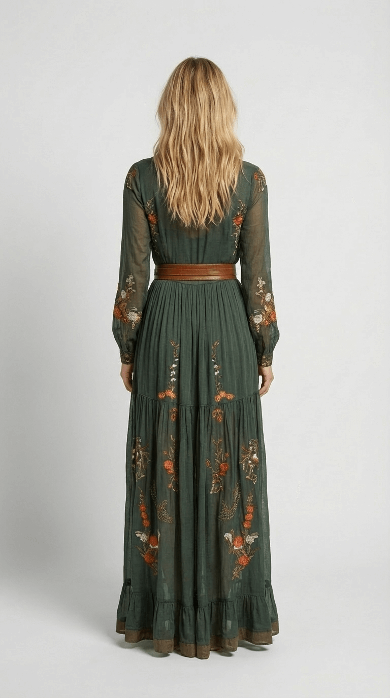Women's Maxi Boho Dress – Floral Print, Tie-Belt Waist side view